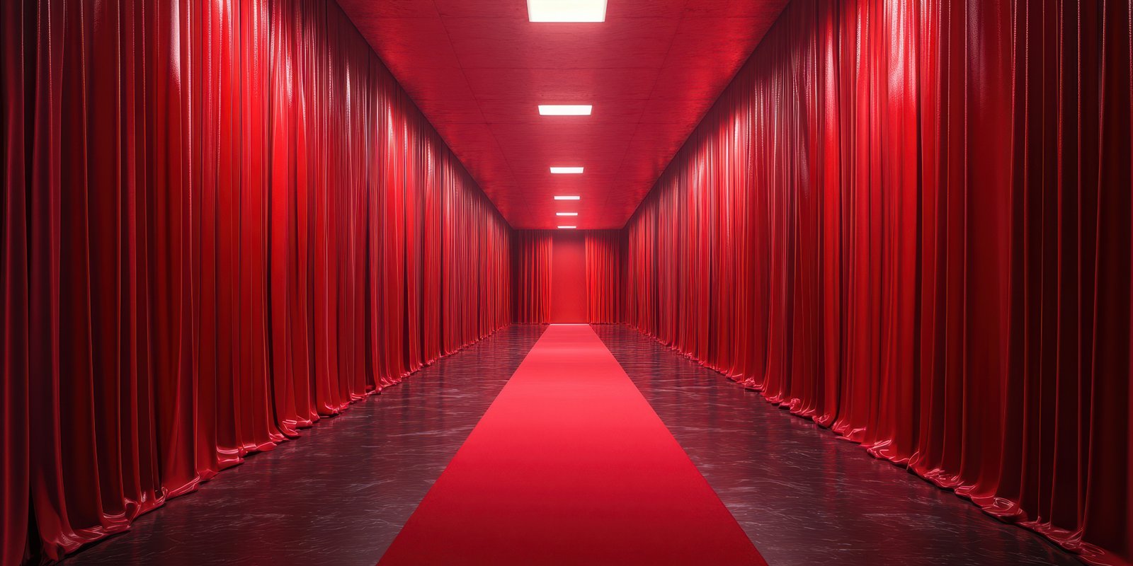 Elegant red corridor with curtains creating a dramatic atmosphere for an event or performance